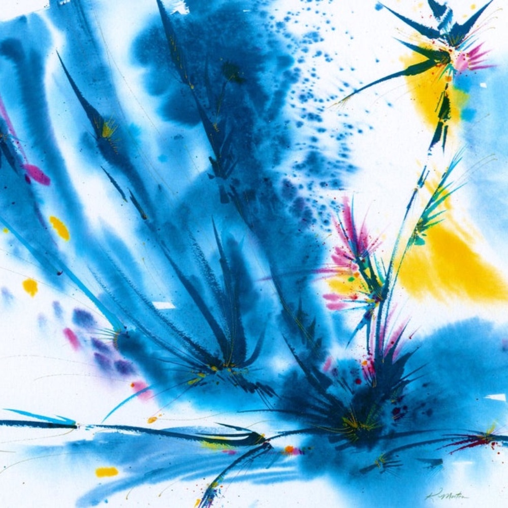 Abstract Blooms, Blue Flower Floral watercolor art